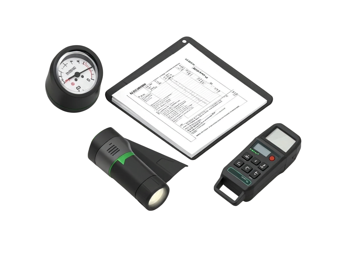 Tire gauge, inspection light, checklist, and diagnostic reader